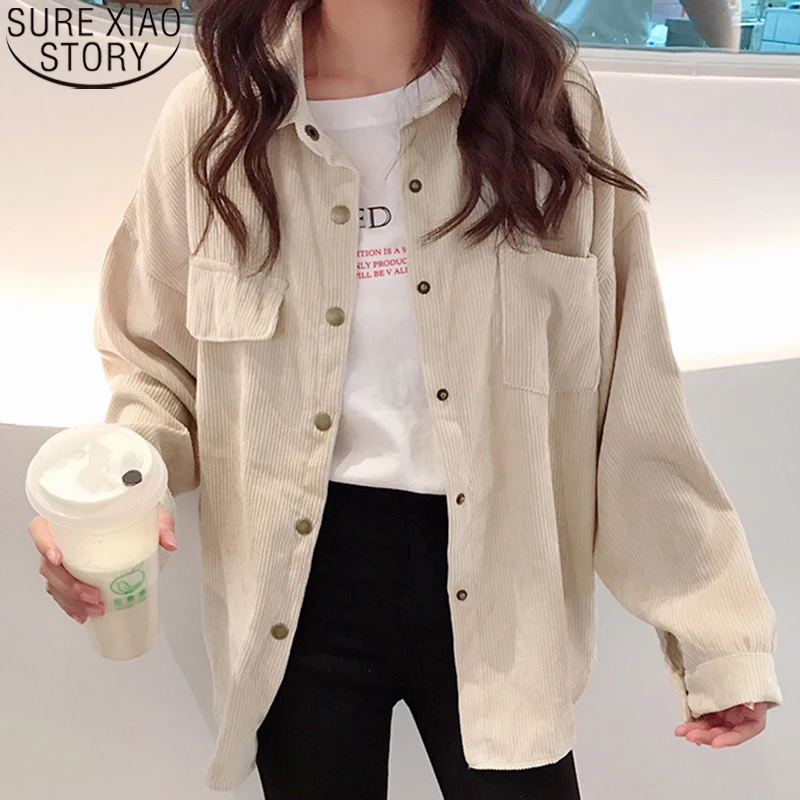 Женская Вельветовая куртка однотонная винтажная с отложным воротником длинным