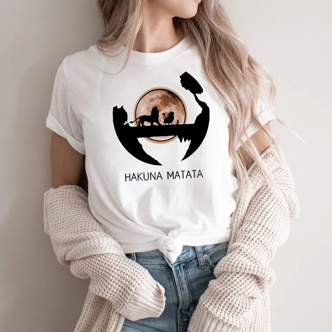 

Женская модная футболка Hakuna Matata, летние повседневные футболки с коротким рукавом, милая мультяшная женская футболка с круглым вырезом, топы, футболки