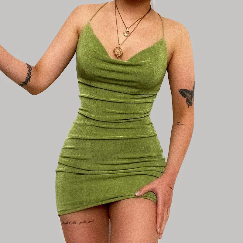 

Женское трикотажное мини-платье без рукавов, однотонное базовое платье с V-образным вырезом и открытой спиной в стиле ретро, лето 2021