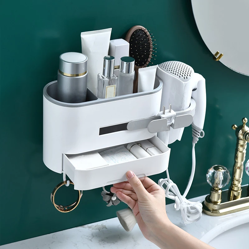 

Wall Mount Hair Dryer Holder Rack Bathroom Storage Rack Makeup Organizer Plastic Hairdryer Holder Shelf Bathroom Accessories