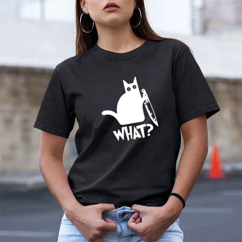 Женская футболка с круглым вырезом Cat What черная хлопковая Футболка свободного