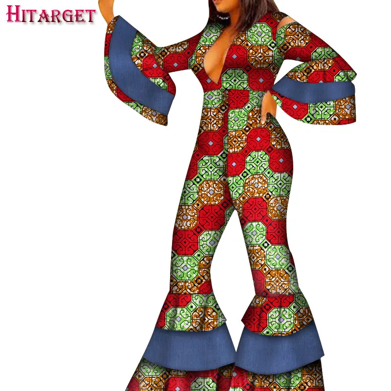 

2020 New African Women Jumpsuit for Women Casual Women One Piece Outfits Jumpsuits Long Flare Sleeve Bell-bottomed Pants WY6881