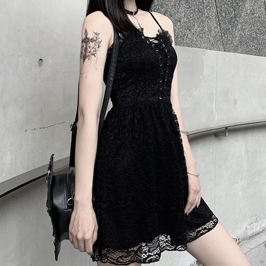 Женское платье в стиле панк Черное мини-платье женские модные сплошные кружевные