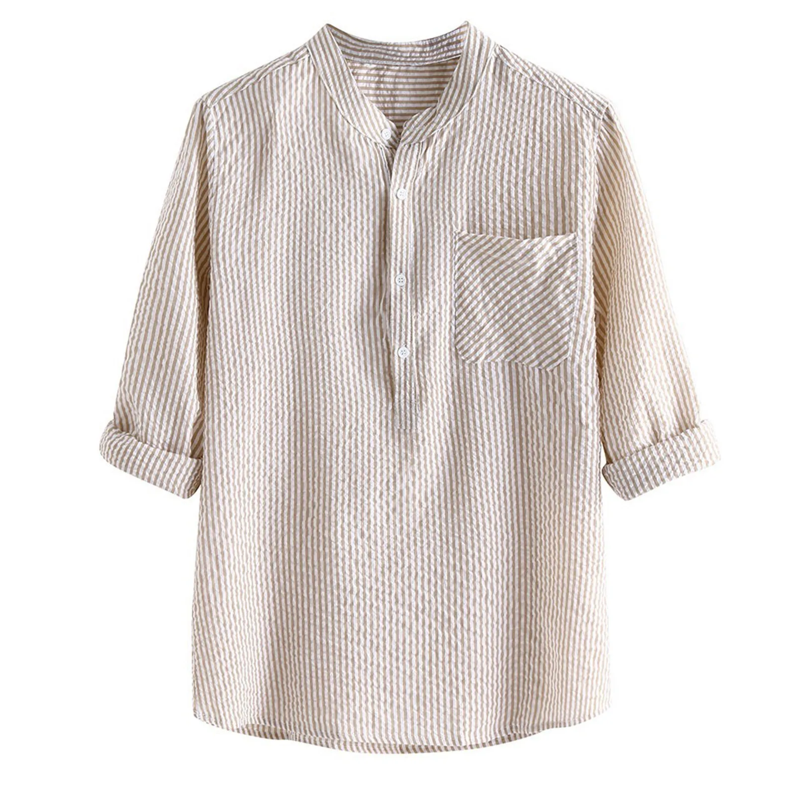 

2021 Summer New Leisure Linen Long Sleeves T-Shirts Men Casual Loose Button Henry Collar Top Blouse Plus Large Size 3XL-5XL