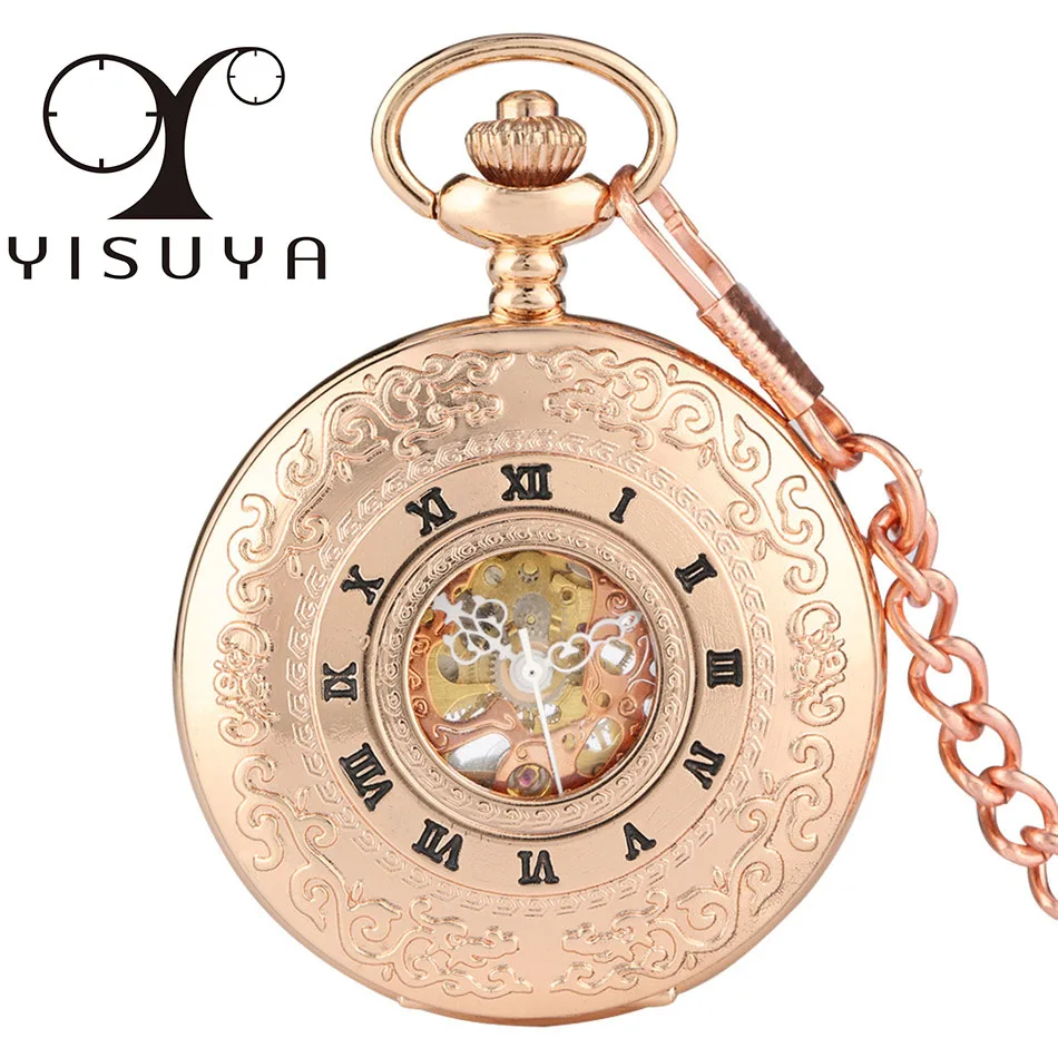 

Rose Gold Roman Numerals Display Manual Mechanical Pocket Watch Vintage Accessory Pendant Clock Gifts Men Women