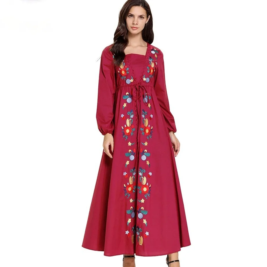 Мусульманское женское платье большого размера, с вышивкой розового цвета и пышными рукавами, 2021