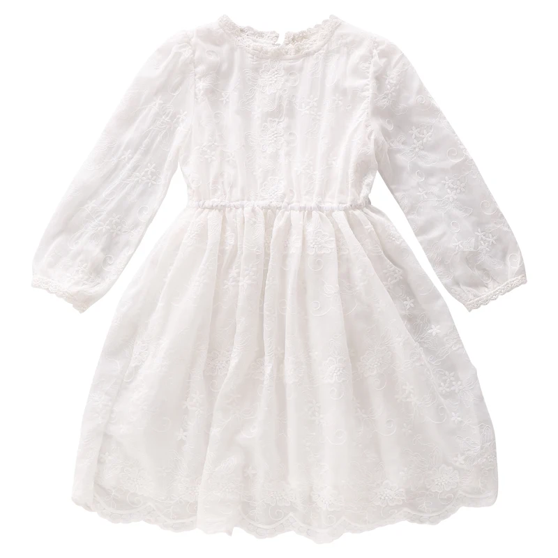 

Solid Long Sleeve Girls Princess Dresses 3-13 Years Old Kids Clothes New Crew Neck Flower Lace Spring Children's Dress for Girl