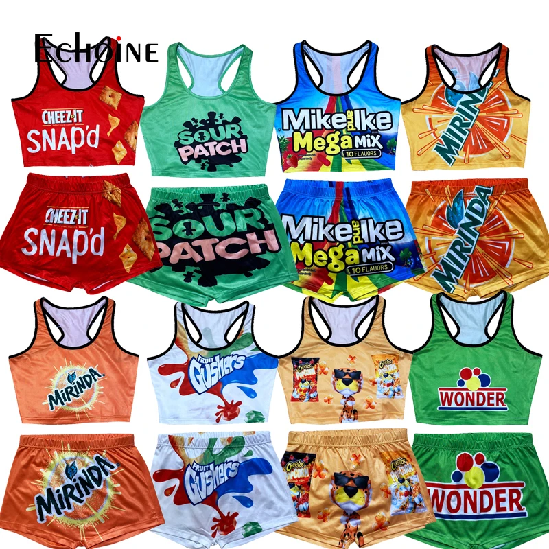 

Echoine Women Summer Sexy Candy Printed Two Piece Set Sport Vest Crop Top Sleeveless Skinny High Waist Shorts Tracksuit Outfits