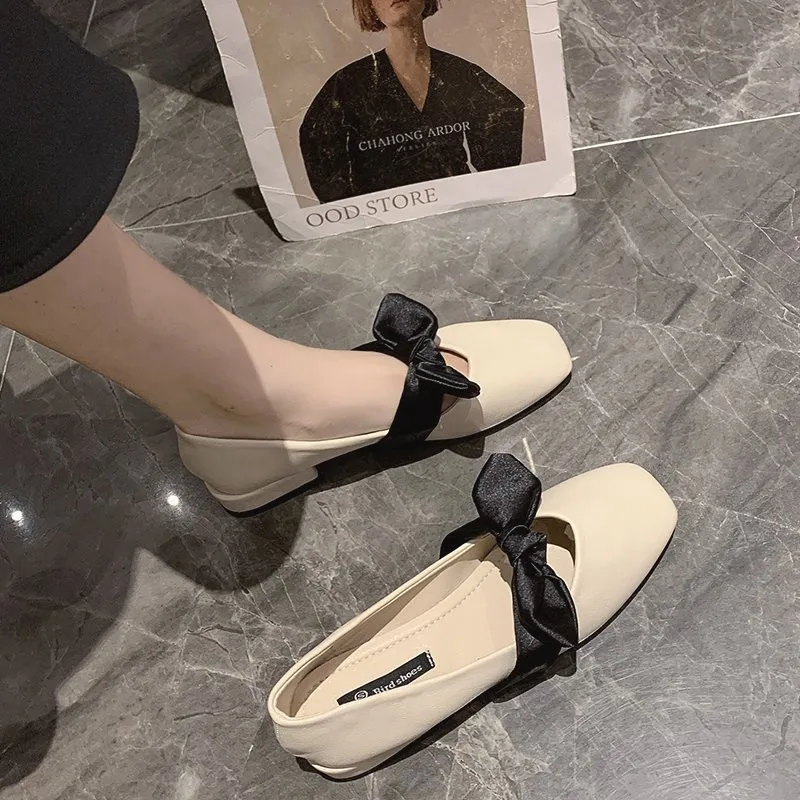 

Casual Woman Shoe All-Match Female Footwear Square Toe Shallow Mouth Modis Bow-Knot Slip-on Moccasin On Heels Comfortable Dress