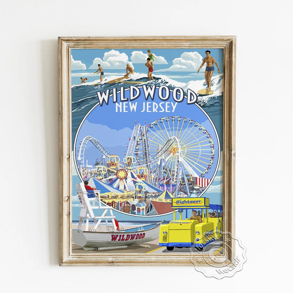 

New Jersey Wildwood Travel Scenic Spot Advertising Poster, Surfing Sports Amusement Park Sightseer Montage Art Prints Decor