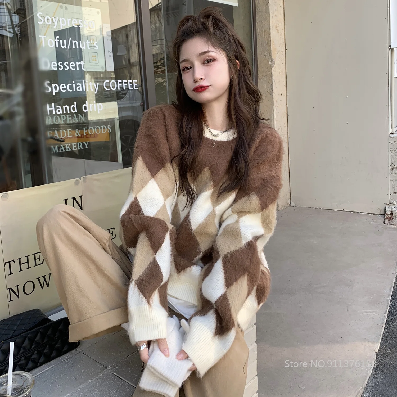 Diamond Round Neck Pullover Sweater 2021 Autumn and Winter New Loose Joker Lazy Wind Thick Retro Sweater