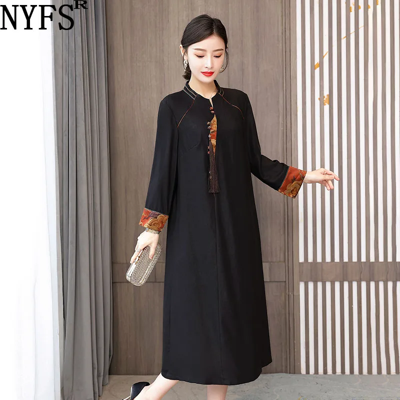 

NYFS 2021 New Autumn Woman Dress Loose Vintage Fragrant cloud yarn Silk Long Dress Vestidos Robe Elbise Dresses L-4XL