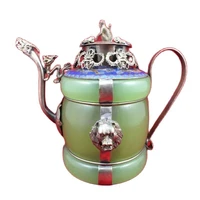 chinese old tibetan silver dragon lion green jade cloisonne monkey lid teapot