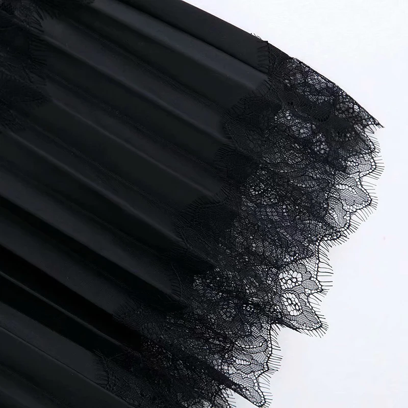 

HiloRill Vintage Lace Patchwork Pu Leather Women Dress Ladies Three Quarter Sleeve Pleated Midi Dresses Elastic Waist Long Dress