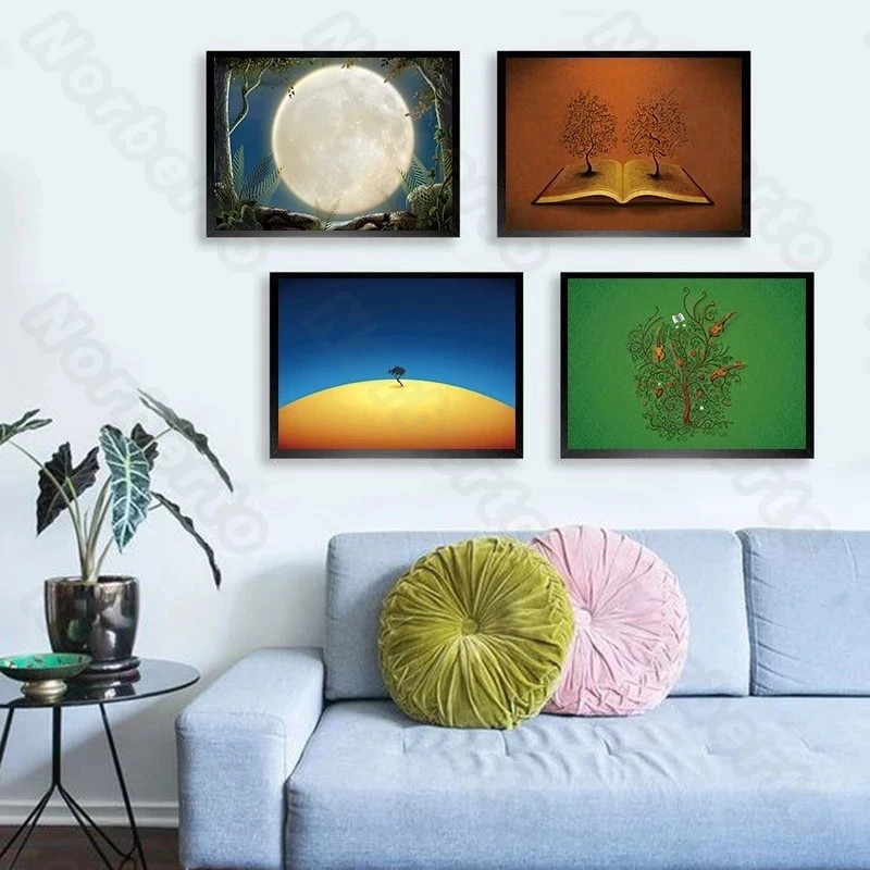 

Canvas Painting Poster Print Vintage Still Life Pictures Books Plants Full Moon Blue Sky for Home Rooms Gallery Wall Decoration