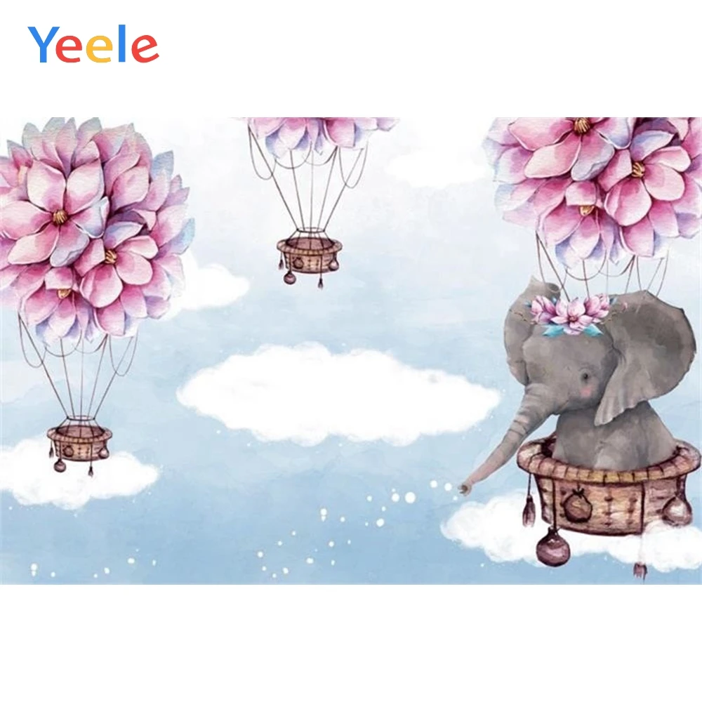 

Spring Flower Elephant Cloud Sky Baby Shower Girl Princess Birthday Backdrop Vinyl Photography Background for Photo Studio Prop