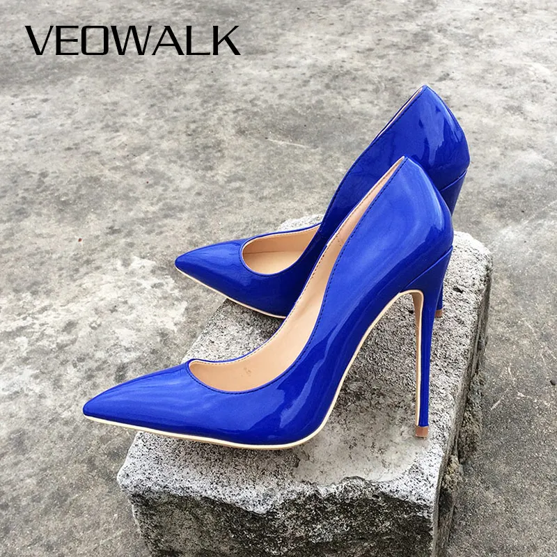 

Veowalk Royal Blue Patent Leather Women Classic Slip on Pumps Ladies Pointed Toe Stilettos Extreme High Heels Customized Accept