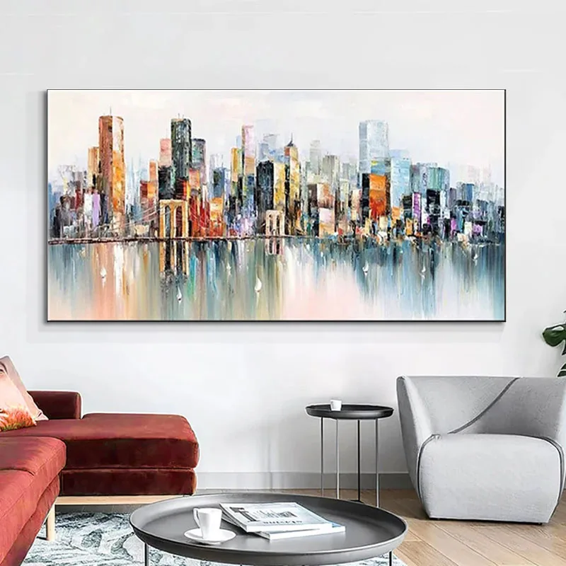 

Современные картины маслом на холсте, картины ручной работы, комнатный эффектный вид на город, пейзаж, декор для отеля, искусство без рамки