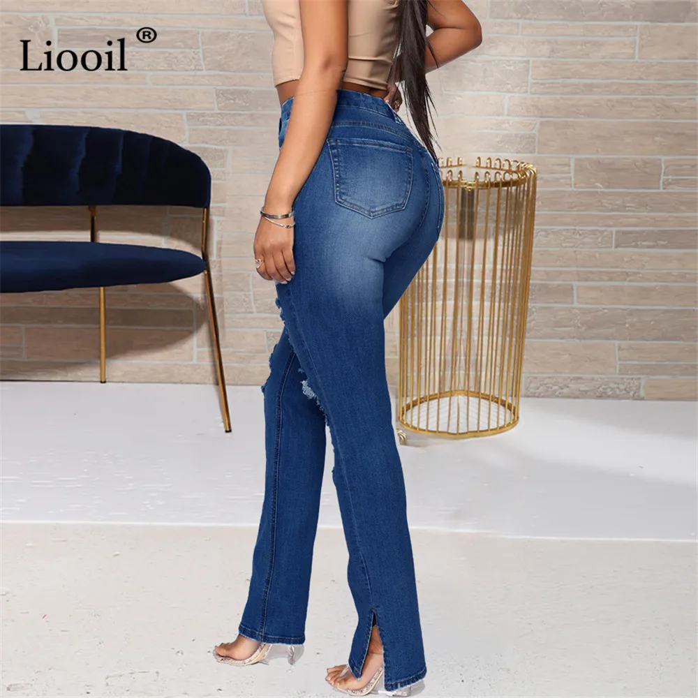 

Liooil Blue Ripped Slit Jeans High Waist Women 2021 Streetwear Wash Distressed Sexy Trousers With Pocket Skinny Hole Denim Pants