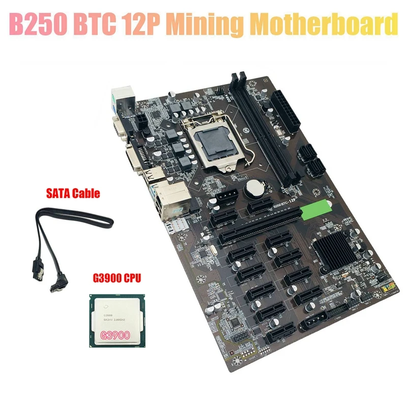 

Материнская плата B250 для майнинга BTC с процессором G3900 и кабелем SATA, поддерживает DDR4 LGA 1151 12x, слот для графической карты для майнинга BTC