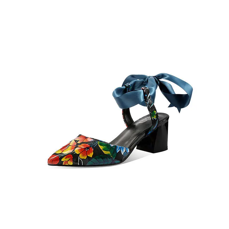 

2021 Women's Spring Shoes,Flower Print,Summer High Heels Sandals,Silk Ribbon Strap,Pointed Toe Pumps,BLACK,FREE Dropshipping
