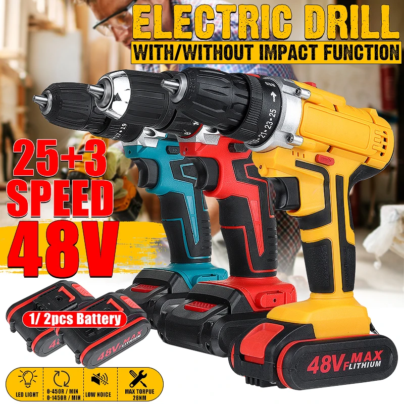 

25+3 Torque Drilling Tool 48V 2 Speed Power-Drill Screwdriver Impact Dril Cordless Electric Drill + 1/2 Li-ion Battery 6000mAh