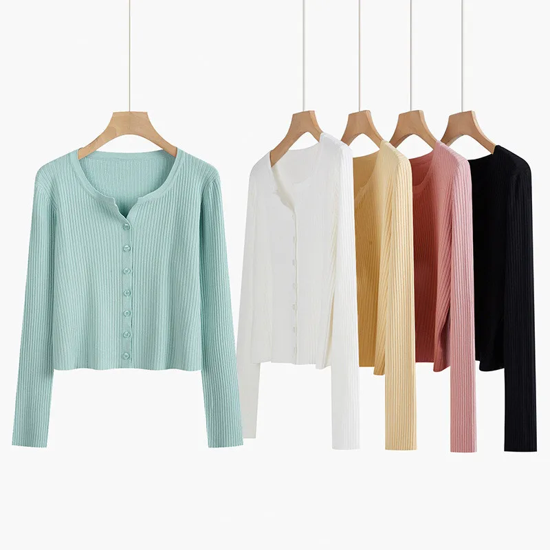 

Knitted Cardigan Sweater Women 2021 Spring Summer New Korean Style LooseThin Solid Color V-neck Long Sleeves Top Female LR1196