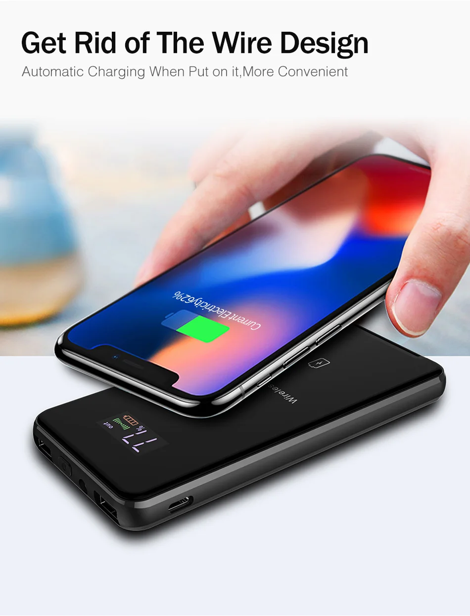 YKZ 5000mAh Qi Беспроводное зарядное устройство Powerbank для iPhone X светодиодный дисплей повербанк двойной USB вертикальное Беспроводное зарядное устройство Внешняя батарея