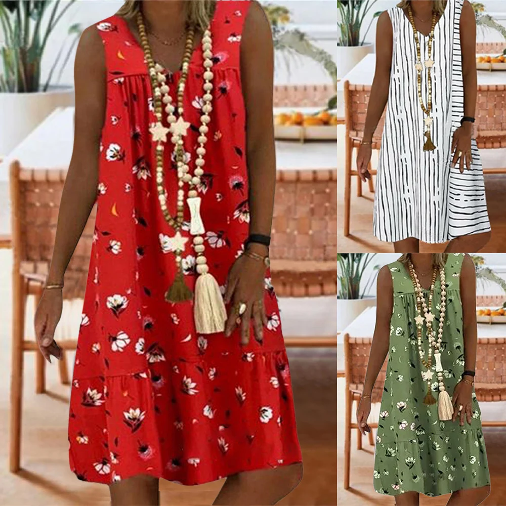 

Women Floral Striped Printed Sleeveless Dress V-Neck Pleated Loose Boho Midi Dresses Summer Fashion Casual A-line Tank Dress D30