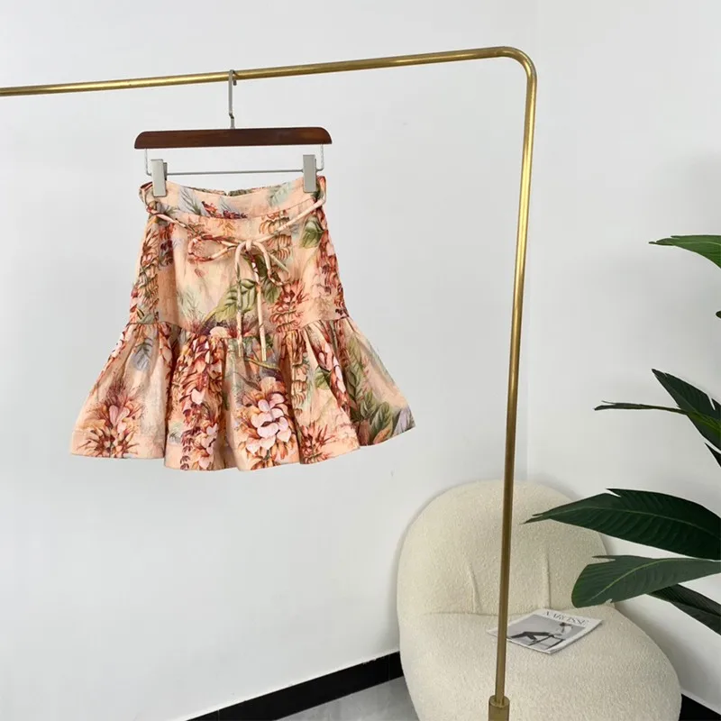 

High Waist Women Skirts Top Quality 100% Linen Floral Print With String Lace-up Spring Summer Fashion 2021
