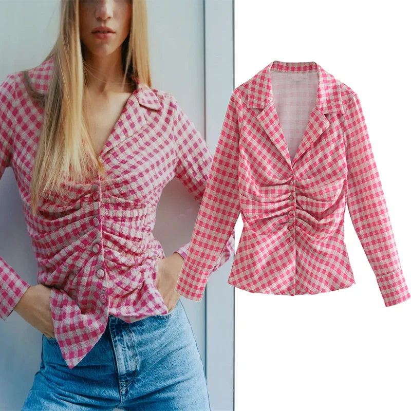 

Женская рубашка с отложным воротником Za, Повседневная Блузка с длинным рукавом, со складками и пуговицами, уличная одежда, весна-осень 2022