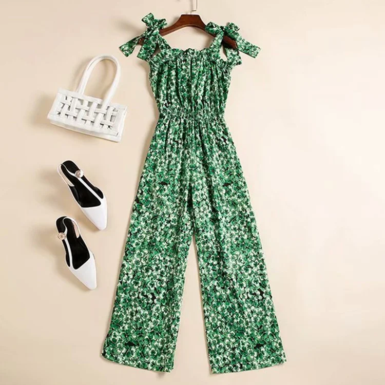 women's European and American wear 2021 summer new style bowknot Condole belt Green leaf printing Fashion jumpsuit