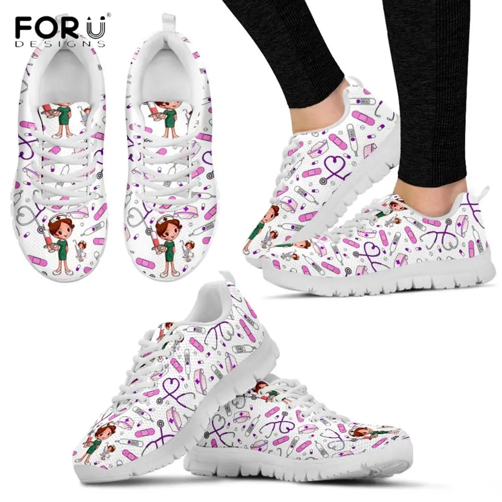 FORUDESIGNS/забавные женские туфли на плоской подошве с рисунком медсестры из мультфильма; сезон весна-осень; сетчатые Шнурованные кроссовки; женская повседневная обувь для кормления