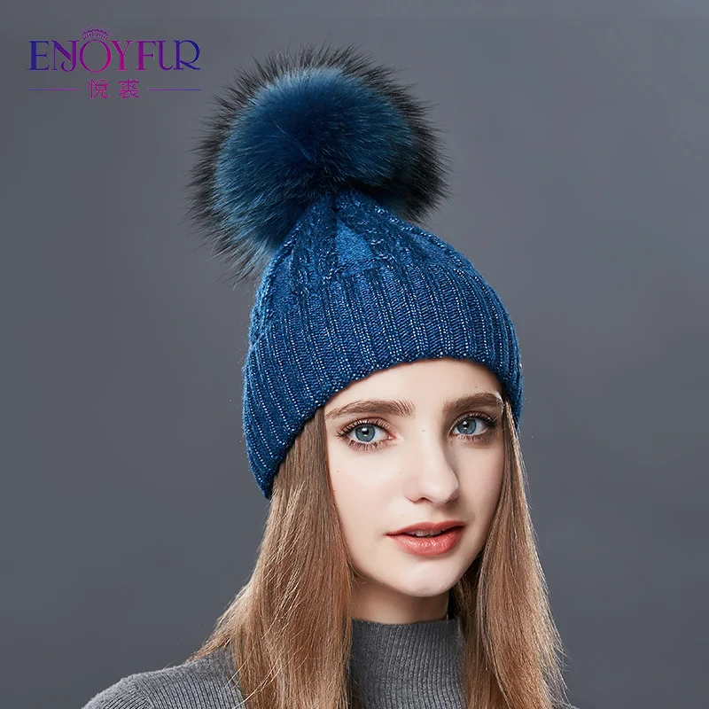 ENJOYFUR, модные зимние вязаные женские шапки из меха енота, женские шапки с помпонами, золотые и серебряные вязаные шапки - Цвет: 24