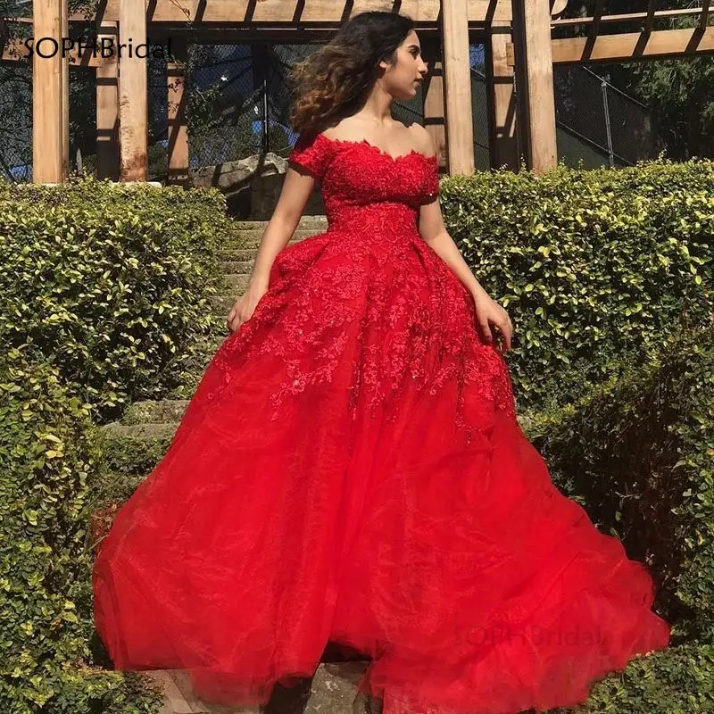 

Женское вечернее платье с открытыми плечами, Красное Кружевное ТРАПЕЦИЕВИДНОЕ платье из тюля, с аппликацией, для выпускного вечера, индивид...