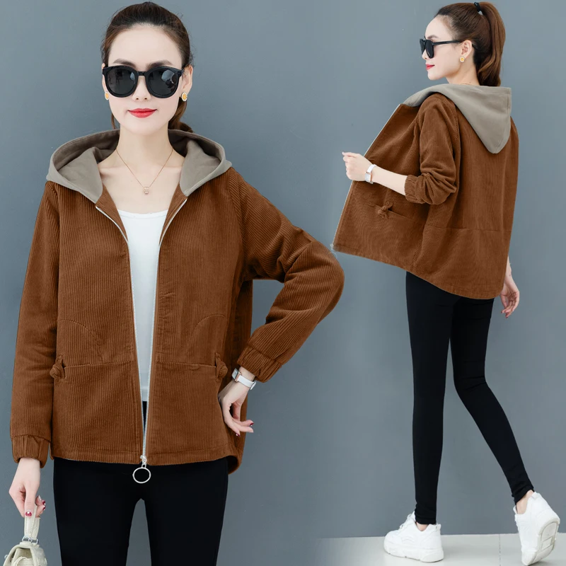

Corduroy Coats Women New Spring Autumn Jacket Coat Korean Loose Hooded Short Outerwear Plus Size Female Windbreaker Casual Tops