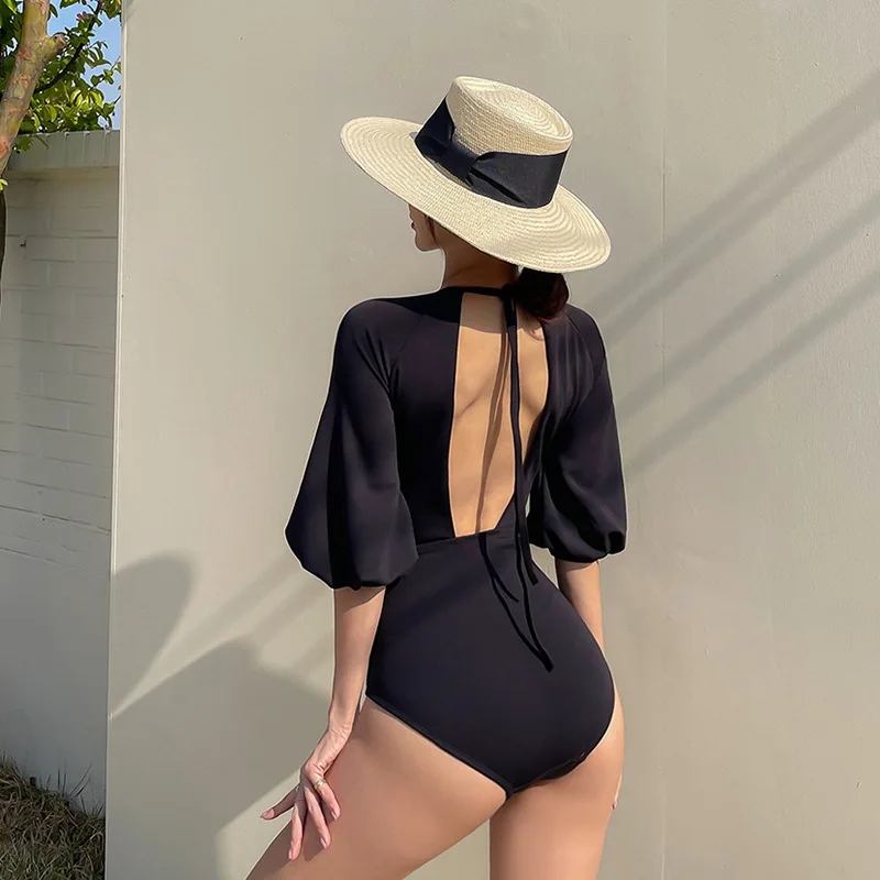 

One Piece Ladies Bathing Suit 2021 Women Swimsuit With Push Up Lace Back Long Sleeve Sexy Pure Color Female Slim Solid Polyester