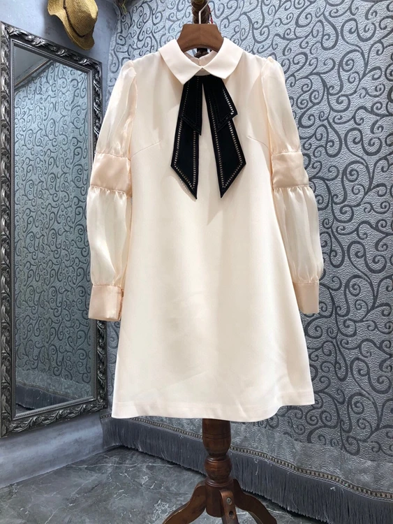 

2021 new women fashion long-sleeved bow tie stitching slim dress 918