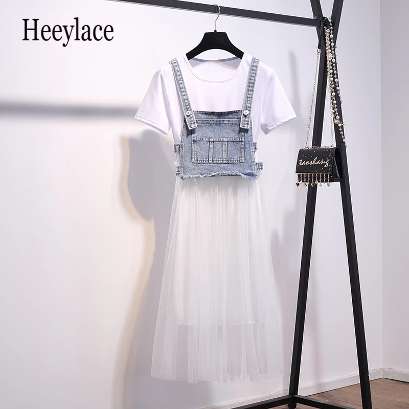 Женская длинная футболка Сетчатое платье + джинсовый топ комплект из двух