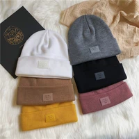 new autumn winter 6 colorways solid color real cashmere beanies for woman patch unisex warm knitted hat girl boy cap