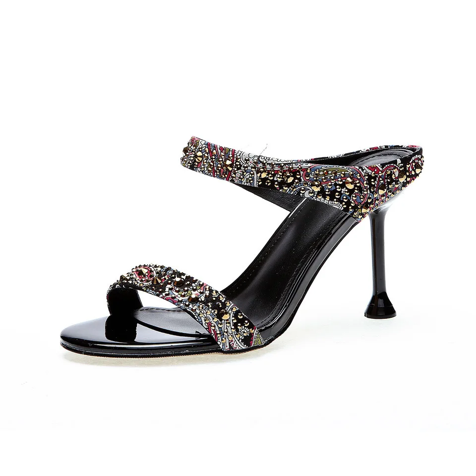 

High-heeled sandals, color matching, one-word drags, new rhinestone open-toed stilettos, half-slippers shoes for women summer