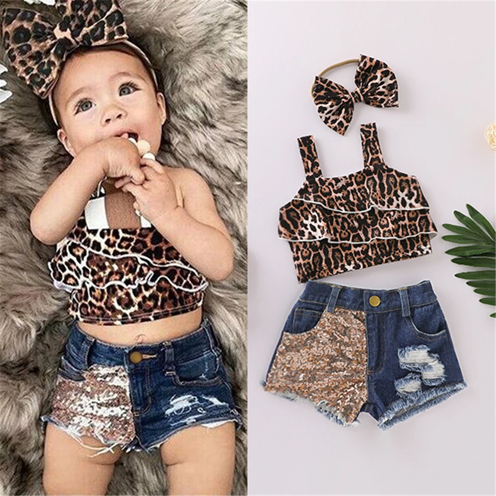 

Wholesale Toddler Kids Baby Girls Leopard Off Shoulder Tops Denim Shorts Outfits Clothes Summer Fashion Casual Kids Clothes Sets