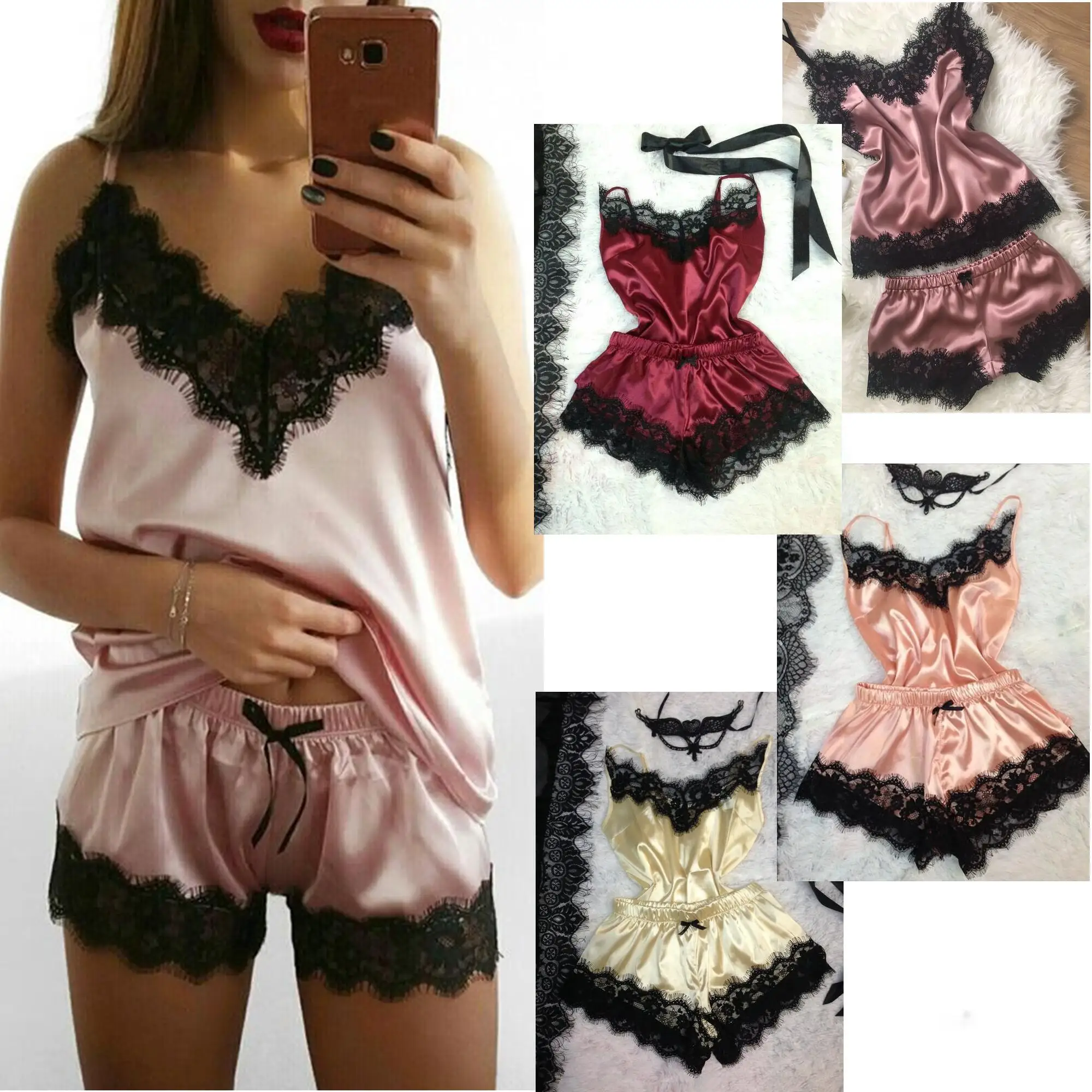 

Women's Sleepwear Sexy Satin Pajama Set Black Lace V-Neck Pyjamas Sleeveless Cute Top and Shorts