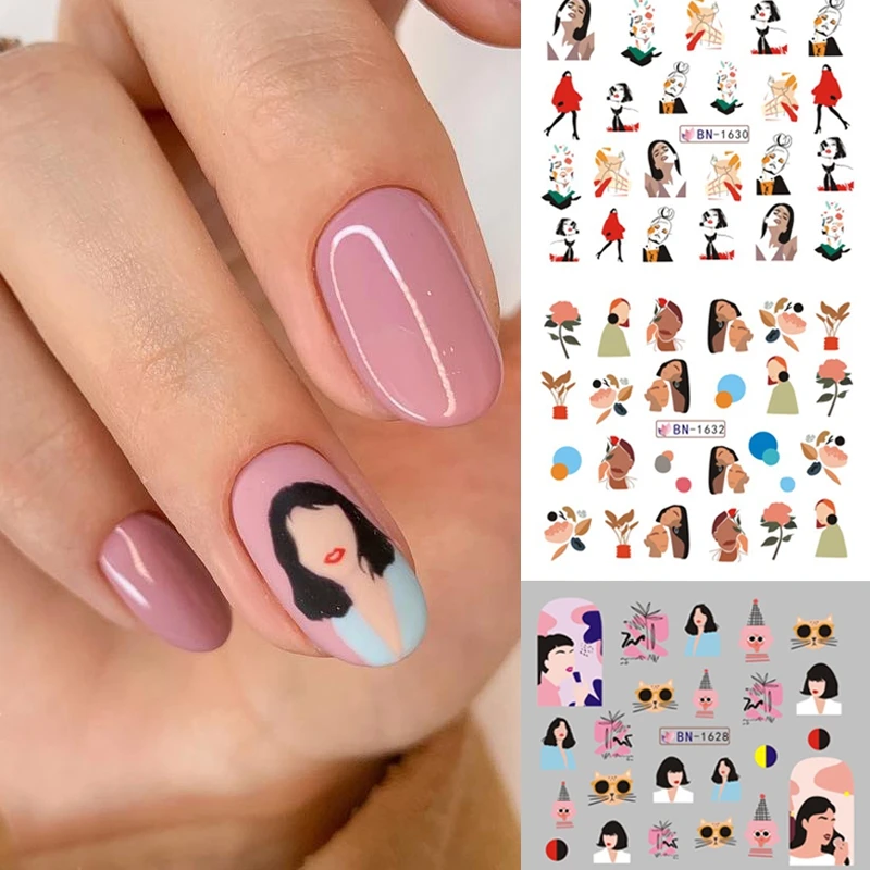 

12patterns/sheet Black Line Coloful Abstract Image Nail Sticker Decals Sexy Girl Water Transfer Slider For Nails Art