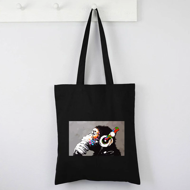 

Art Print Tote Bag Monkey Canvas Bag Banksy Eco Friendly Products England Style Tote Bag Canvas Animal Prints Shopping Bags