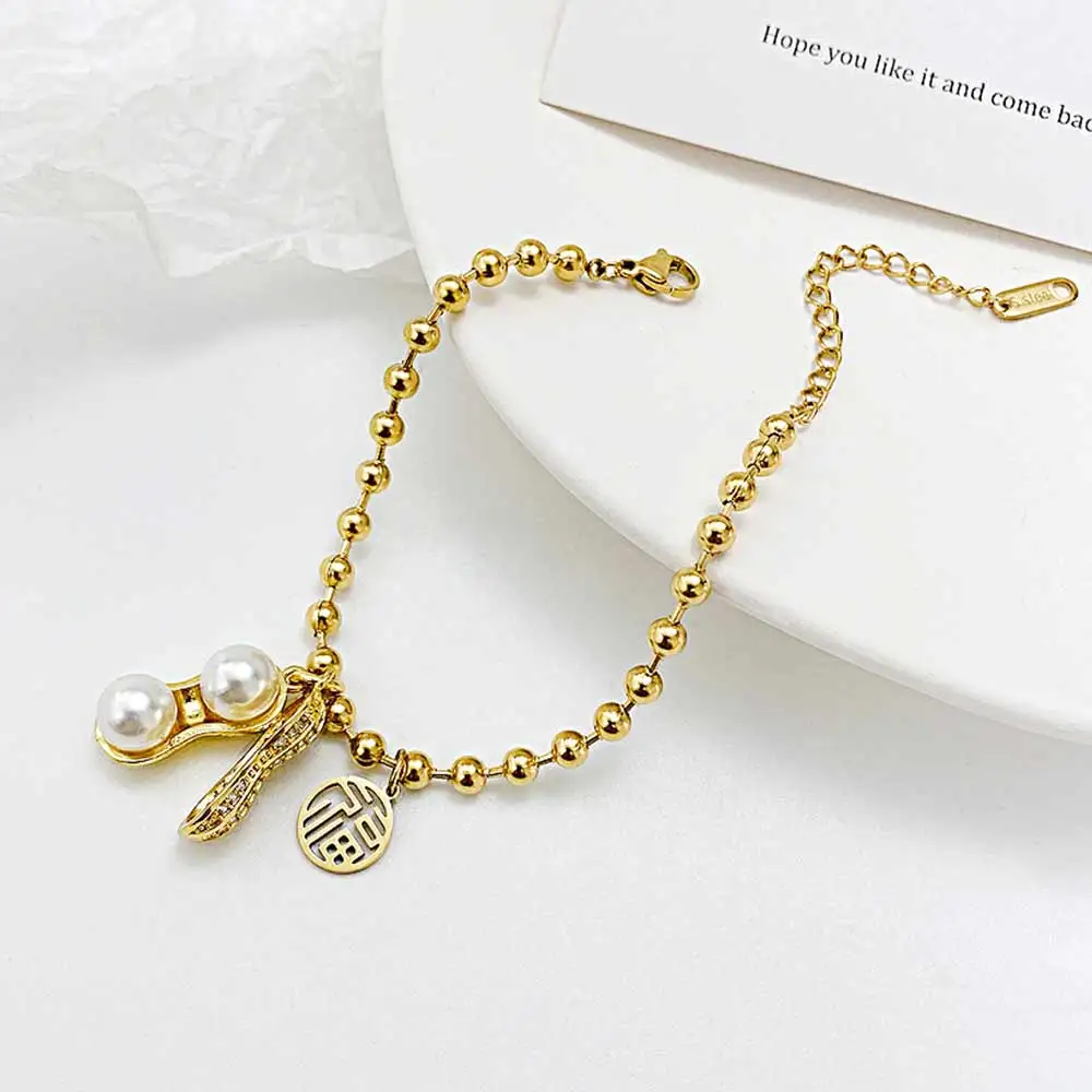 

FATE LOVE Trendy Women Simulated Pearl Charm Peanut Bracelets Bangles wristlet Gold Color Fashion Jewelry Girl Bangle Wholesale