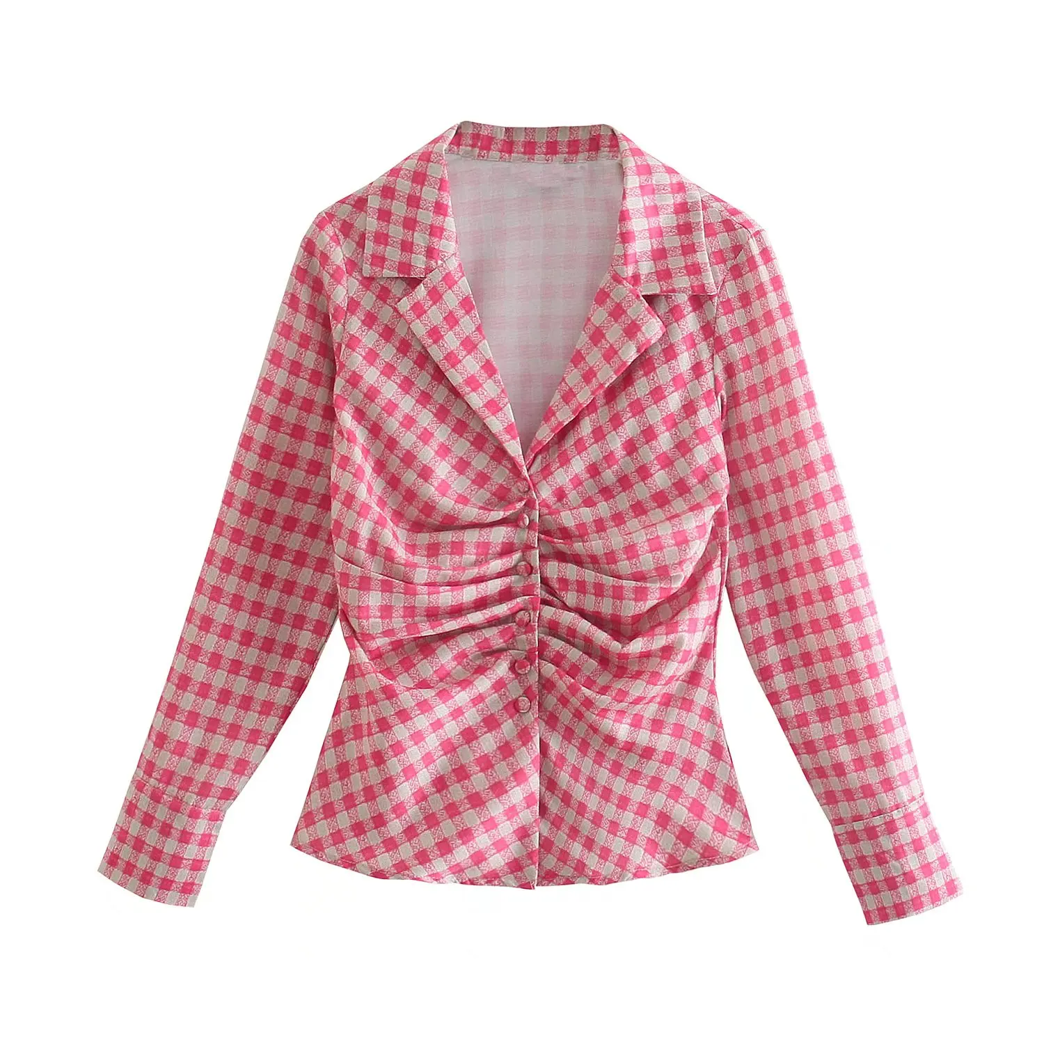 

Clazzaa Women Fashion Gathered Check Shirt V-neck with Lapel Collar Long Sleeves Chic Lady Pink Fitted Blouse Top Female