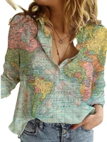 cotton linen womens blouse map star digital 3d printing ladies lapel button down shirt 2021 summer new ladies shirts