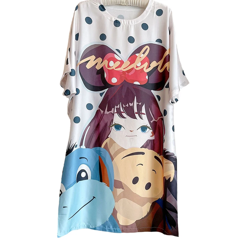 Spring Summer Fashion Bear Print Nightgowns for Women Satin Soft Sleepshirts Plus Size Short Sleeves Silk Casual Loose Nightwear