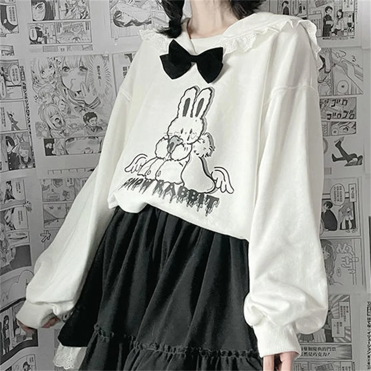 

Kawaii Women Rabbit Print Hoodies Harajuku Cute Japan Student Funny Fashion Loose Sailor Collar Hoodie Sweatshirt Streetwear